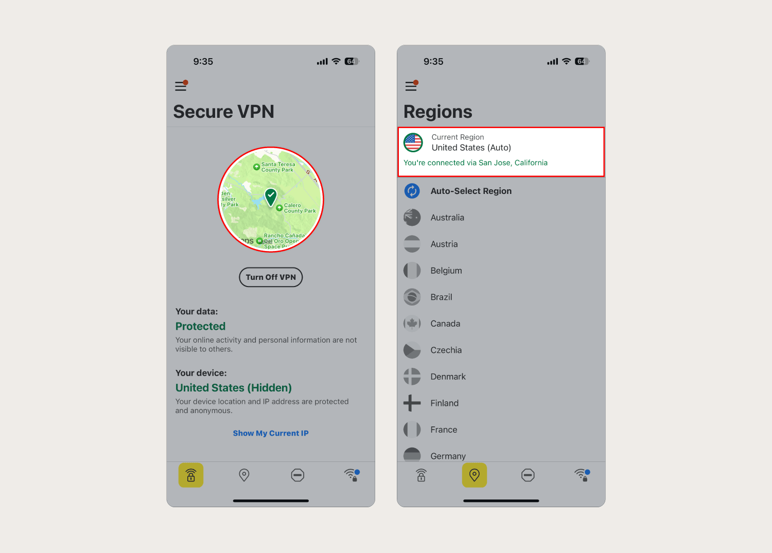 Screenshots showing how to use a VPN to change your location on iPhone.