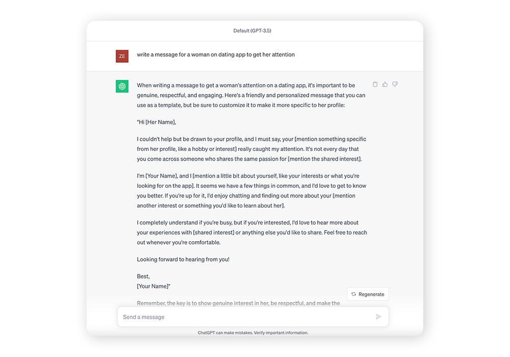 An example of how easy it is for scammers to write catfishing messages using ChatGPT.