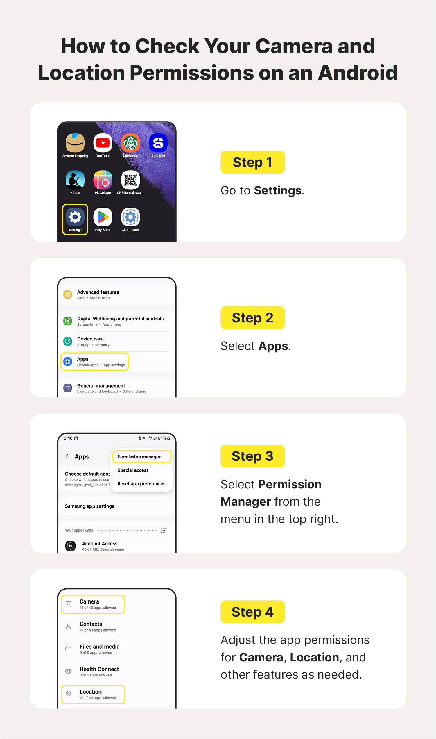 How to check your camera and location permissions on an Android.