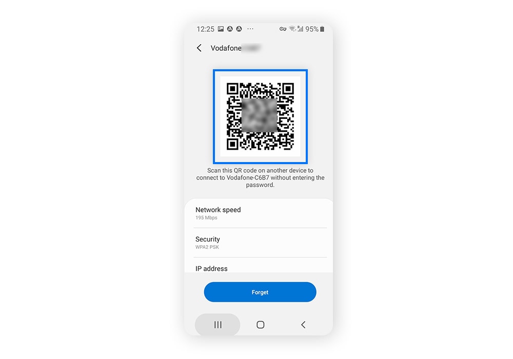 Android Wi-Fi network details screen displaying a QR code for the currently connected network.