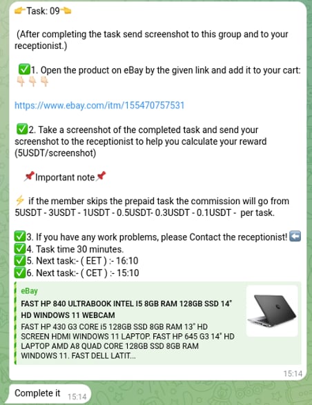 Example task where victims are asked to add products to eBay shopping cart, then send screenshots to scammers with the promise of a payout