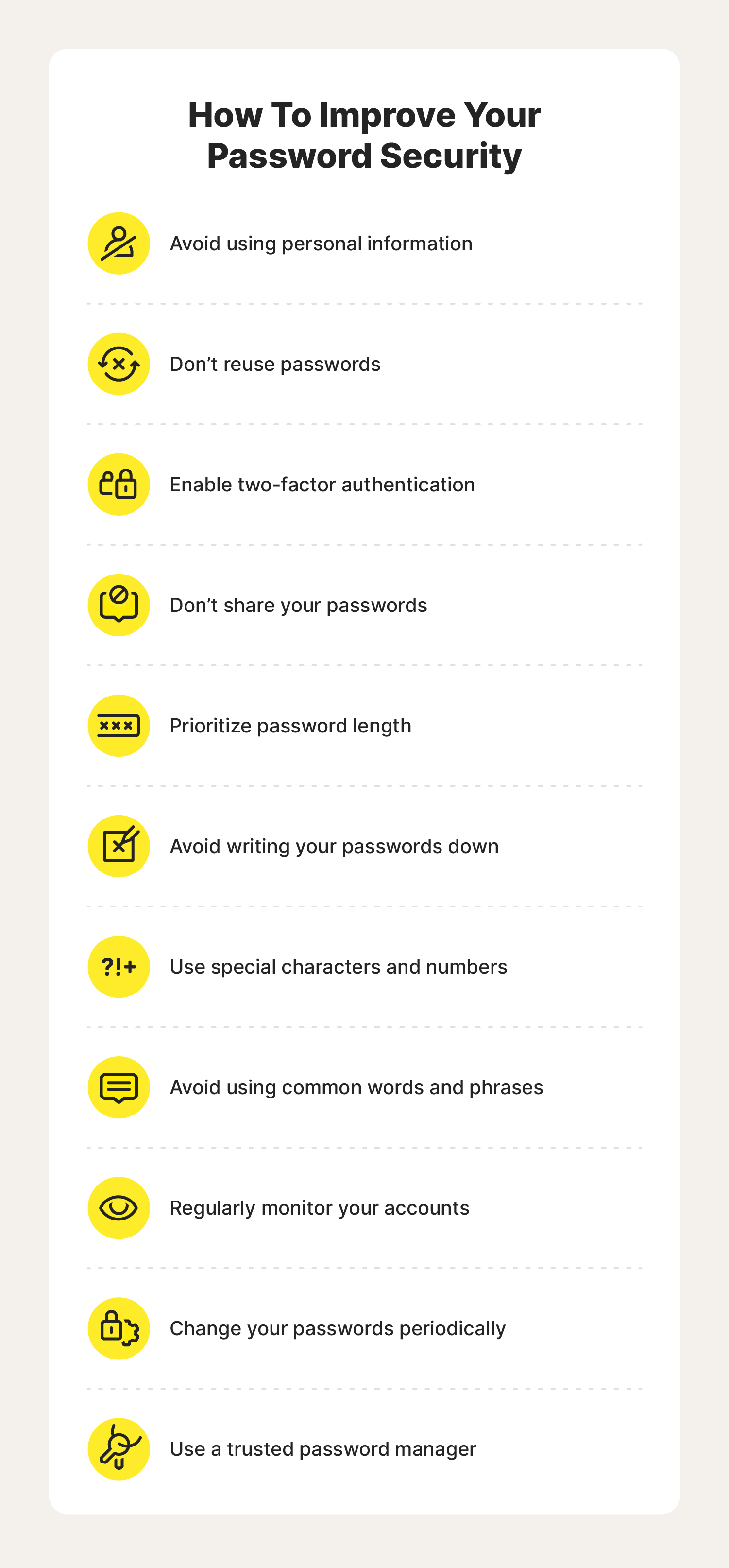 A graphic showcases tips you can follow to improve your password security.