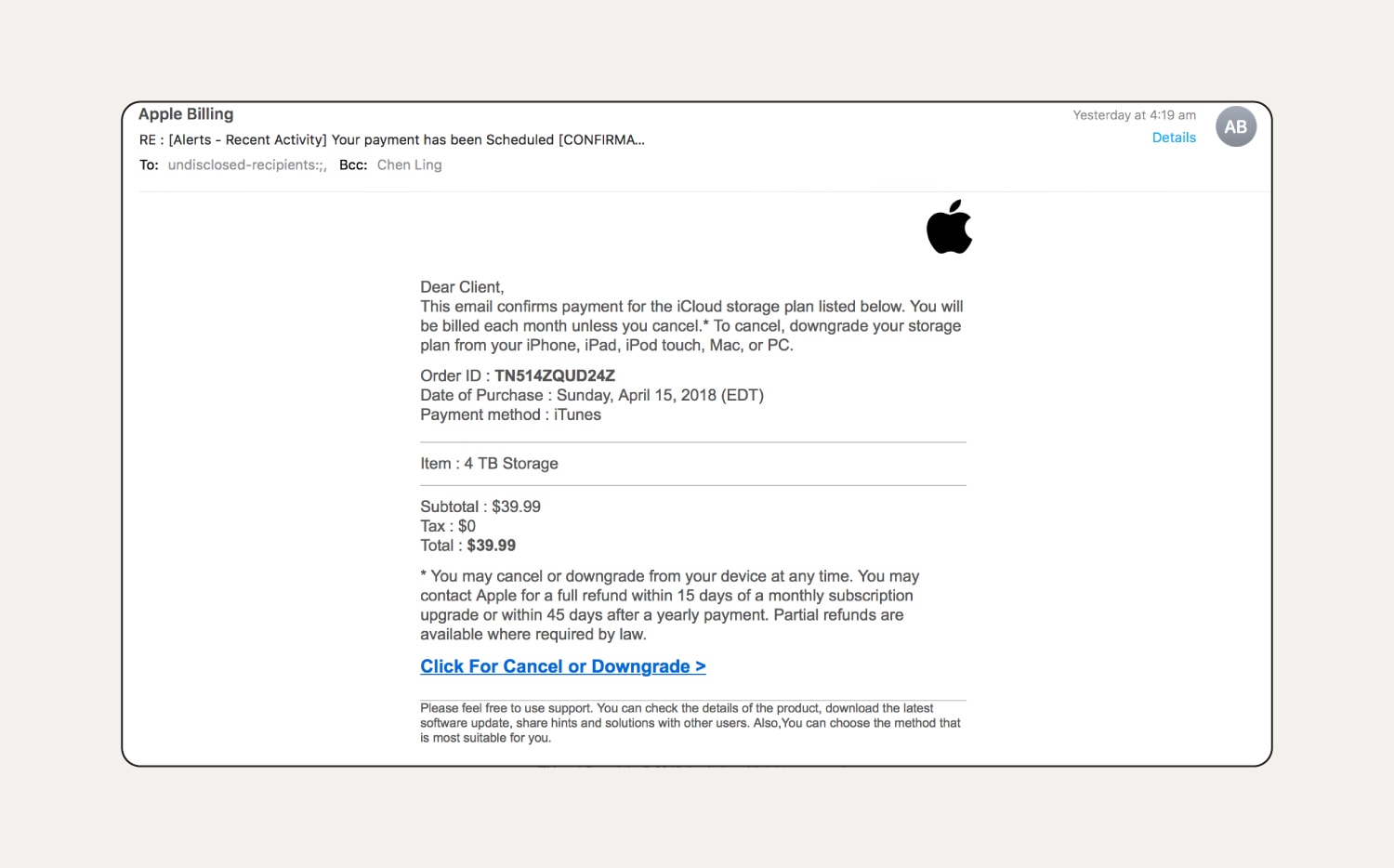 An iCloud storage phishing email.