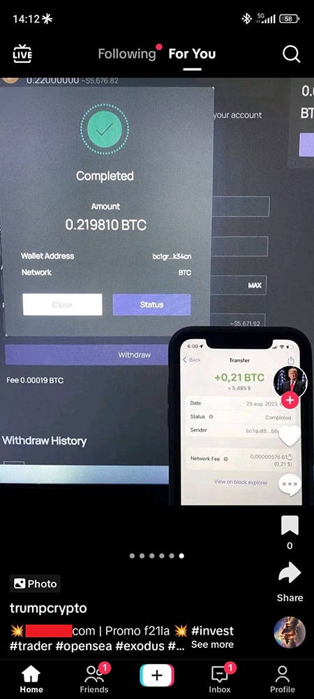 This example shows a real TikTok story promoting a crypto giveaway scam using the image of the former president Trump.