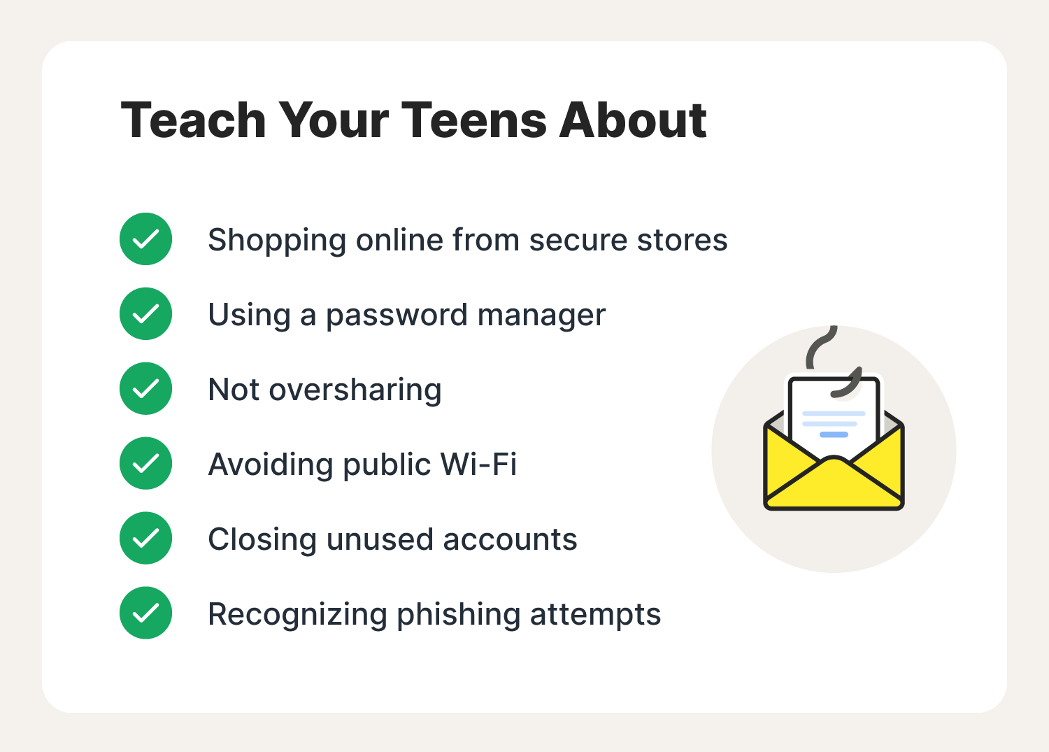 Illustrated chart with internet safety for kids and teens tips.