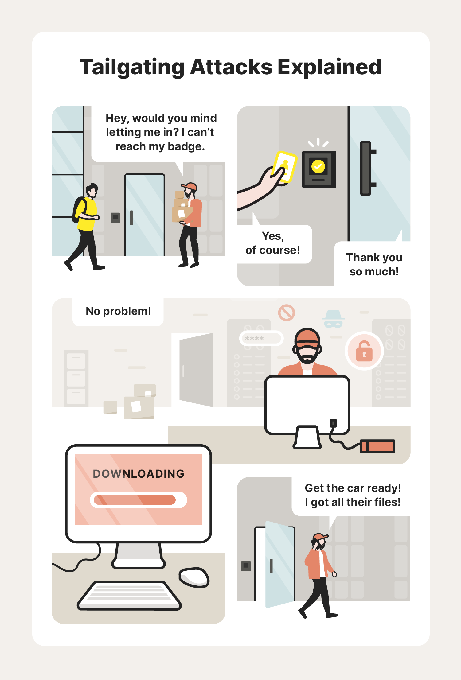 A graphic illustrates how a tailgating attack takes place