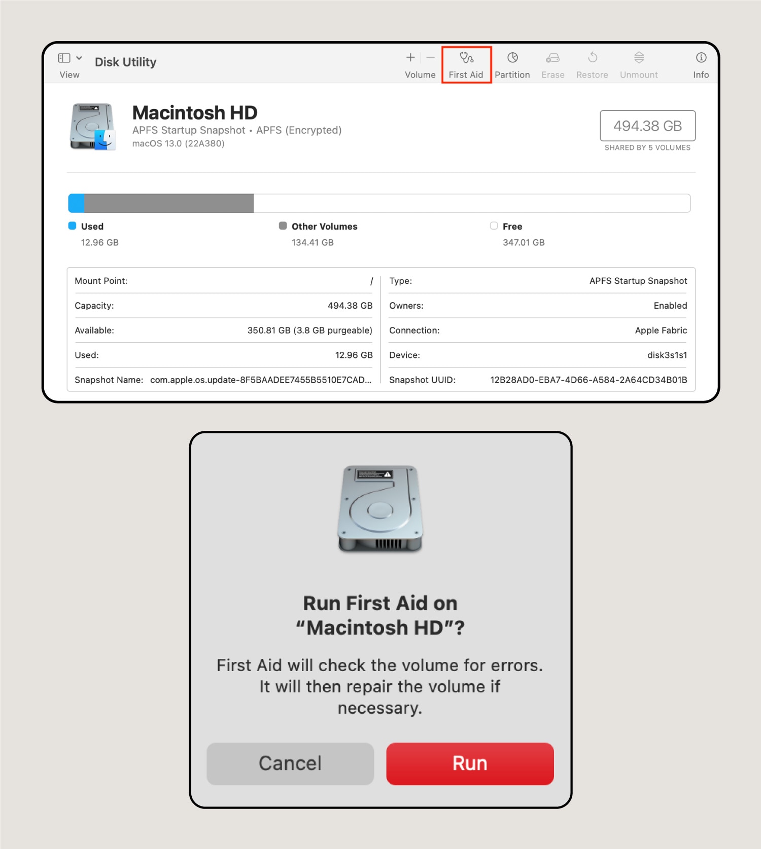 Screenshot showing how to use the “First Aid” feature to repair a corrupted flash drive on a Mac. 