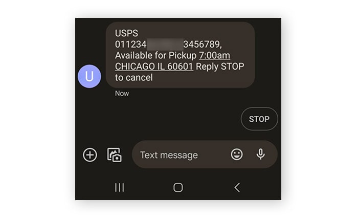  An example of what a real USPS text message looks like.