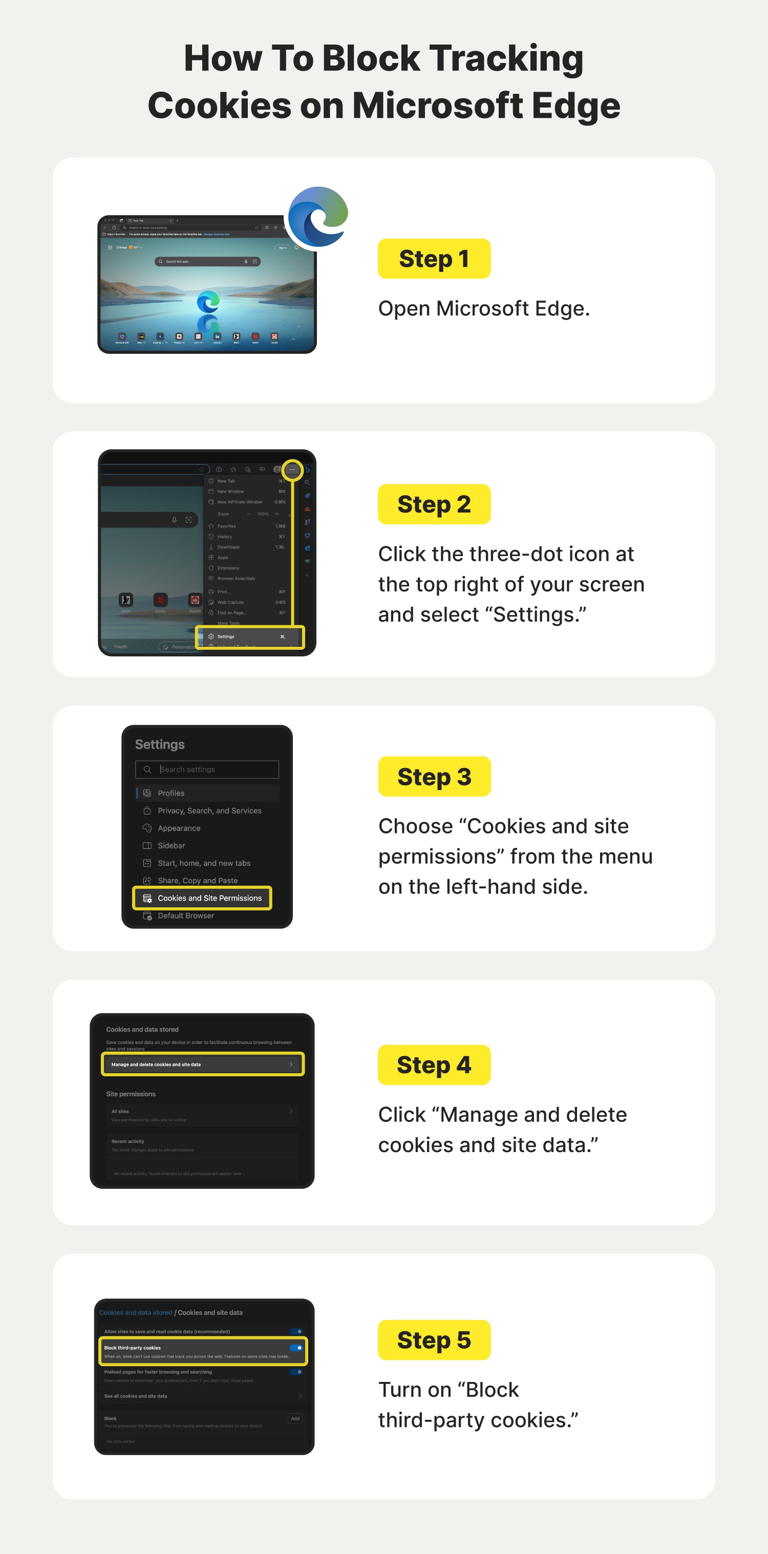 A graphic showcases how to block tracking cookies on Microsoft Edge.
