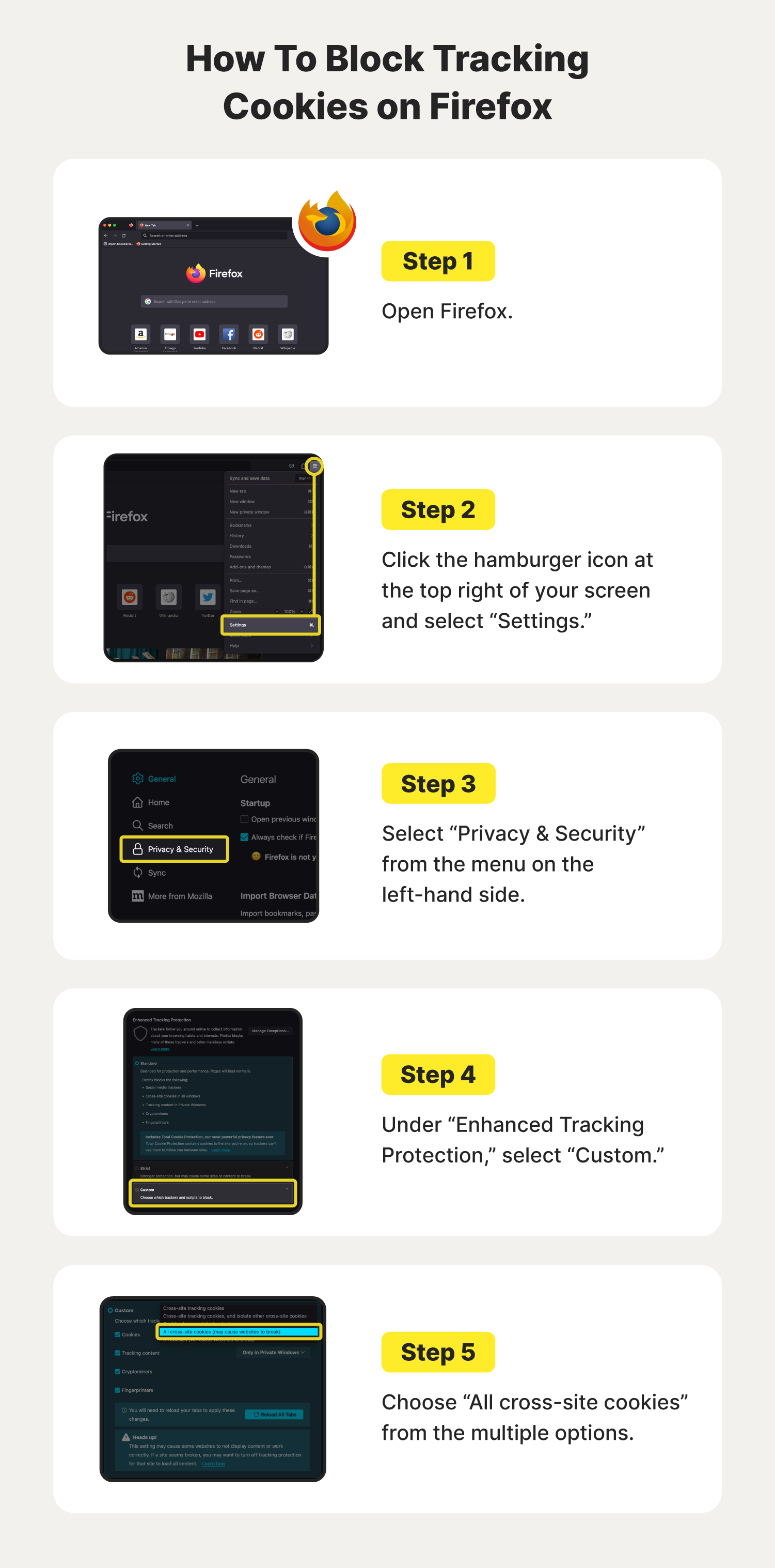 A graphic showcases how to block tracking cookies on Firefox.