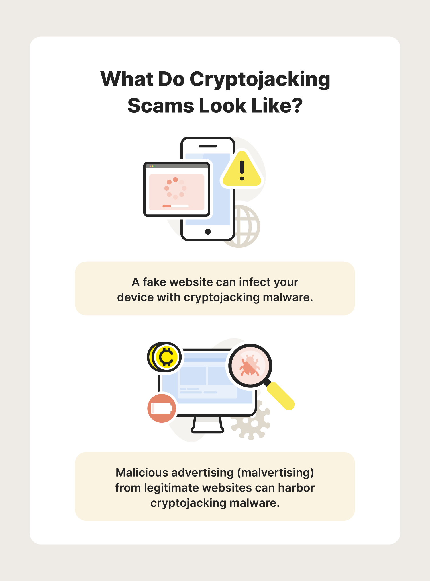 A graphic highlights what cryptojacking looks like on both phone and computer screens.