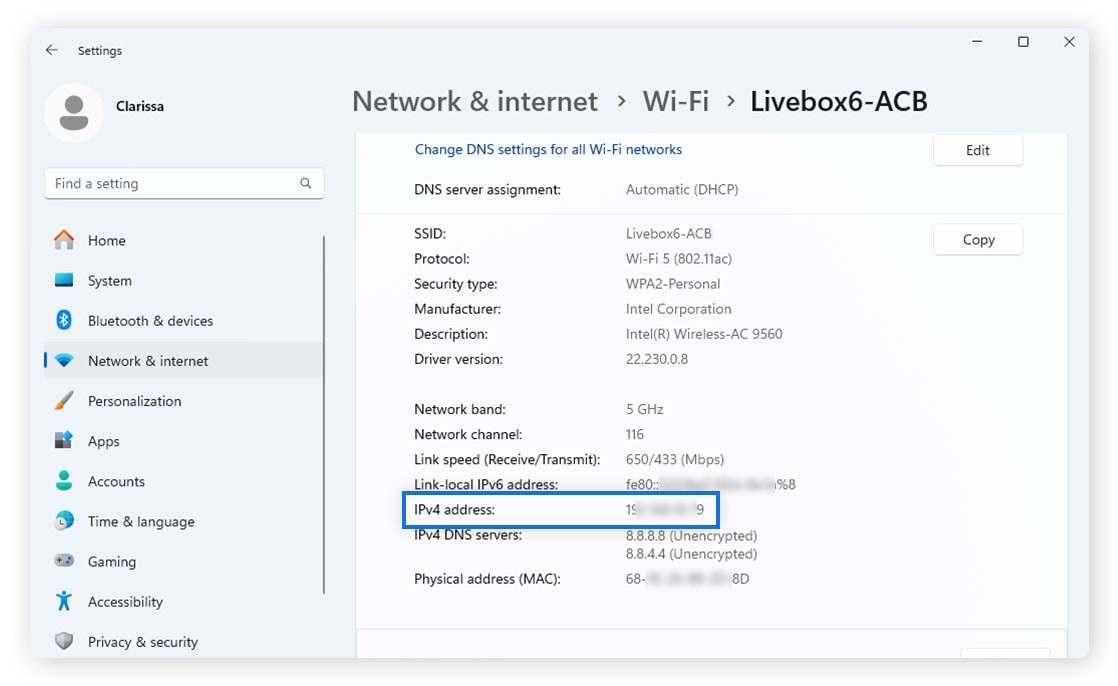 An IP address example on Windows 11.