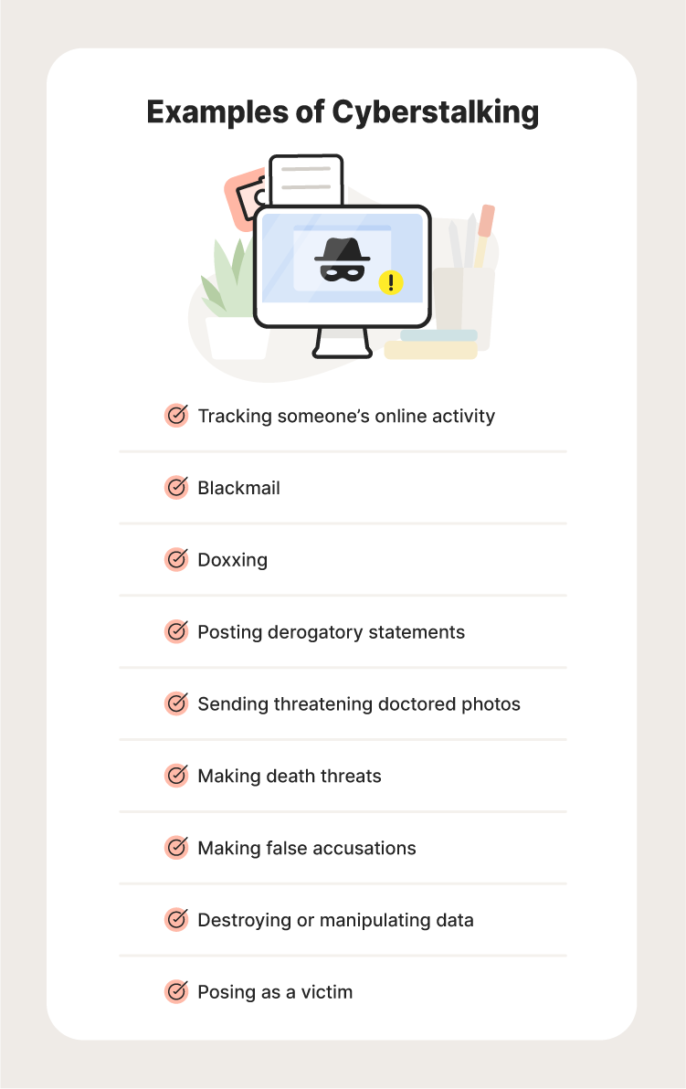 Illustrated chart covering some examples of cyberstalking.