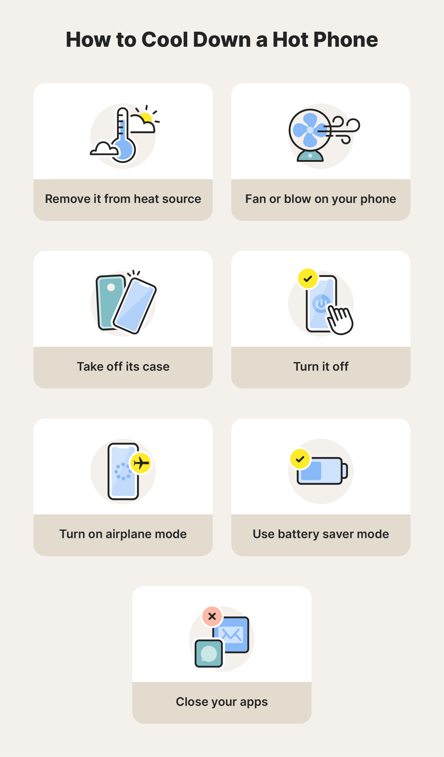 Illustrations showing seven ways to cool down your phone.