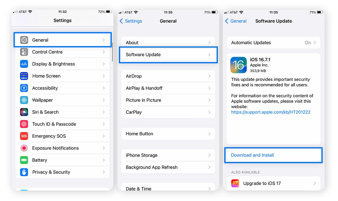 The process for checking for iOS updates on iPhone.