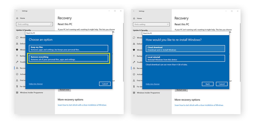 Deleting all hard disk data by selecting the "Remove everything" reset option in Windows 10.