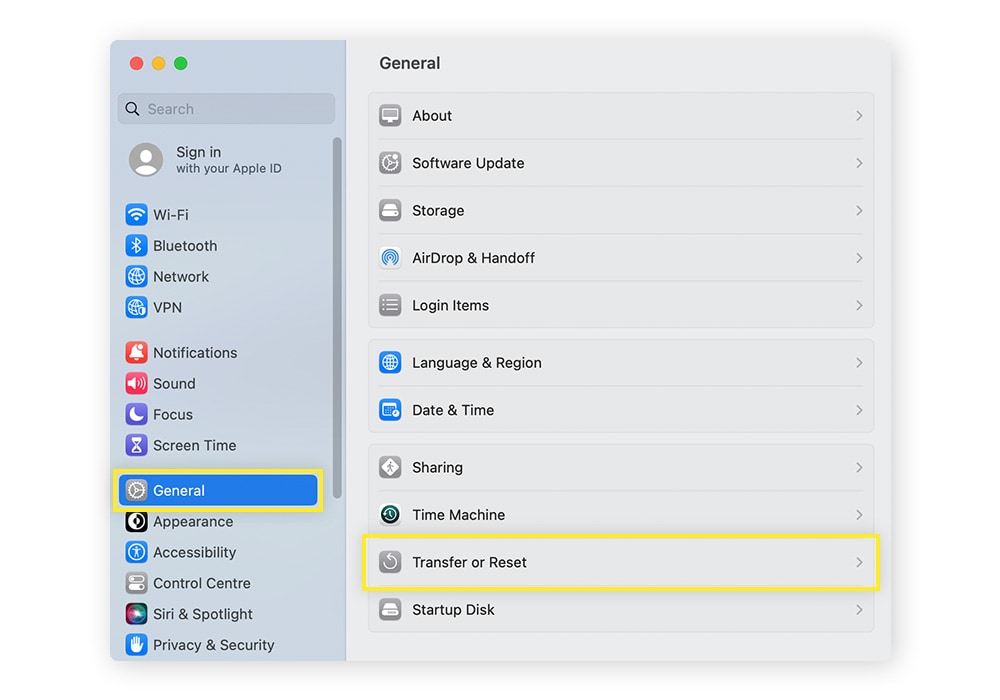 Navigating to the General sidebar to select the Transfer or Reset option.