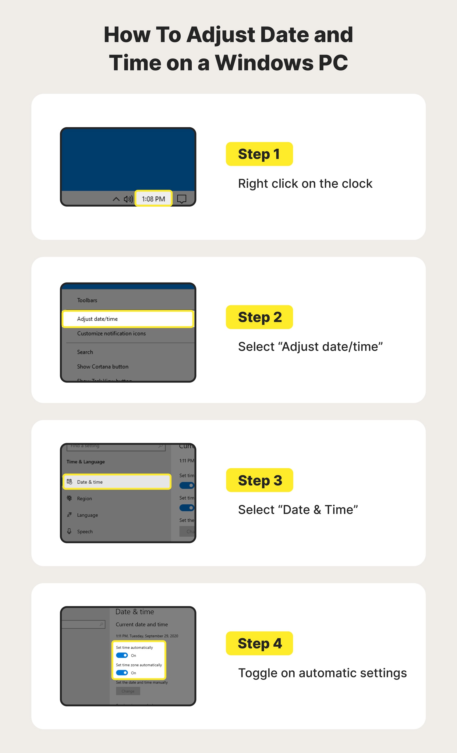 An image showing how to adjust date and time on Windows PC.